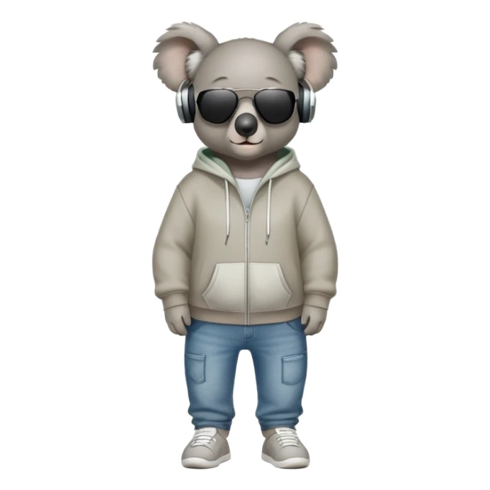 anthropomorphised koala full body wearing a hoodie and jeans dark sunglasses headphones sticker