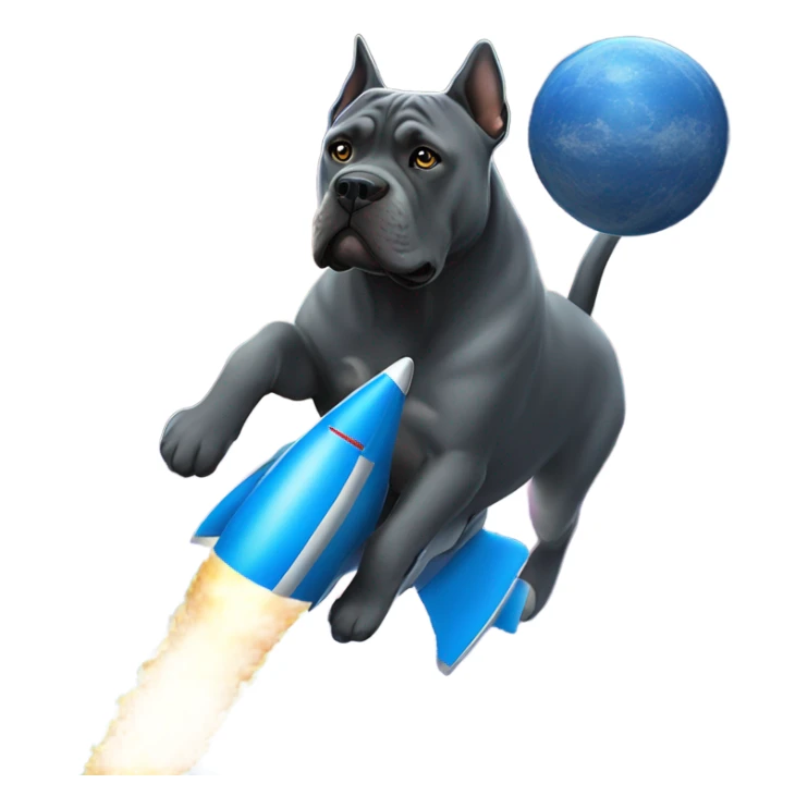 A blue Cane Corso riding on a blue and gold rocket in space. sticker
