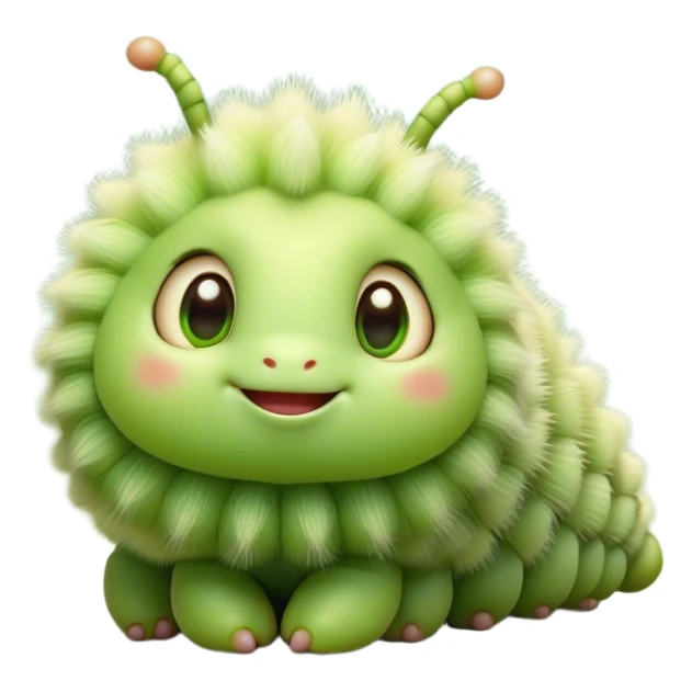 Cinematic Cute Caterpillar Portrait Emoji, Head tilted playfully and inquisitively, featuring a small, fuzzy body with rounded, plump segments, soft, endearing eyes and a charmingly wiggly movement, Simplified yet irresistibly adorable features, highly detailed, glowing with a warm, inviting green glow, high shine, affectionate and lively, stylized with a touch of whimsical woodland charm, soft glowing outline, capturing the essence of a mischievous caterpillar that seems as if it could crawl out of the screen into your arms! sticker