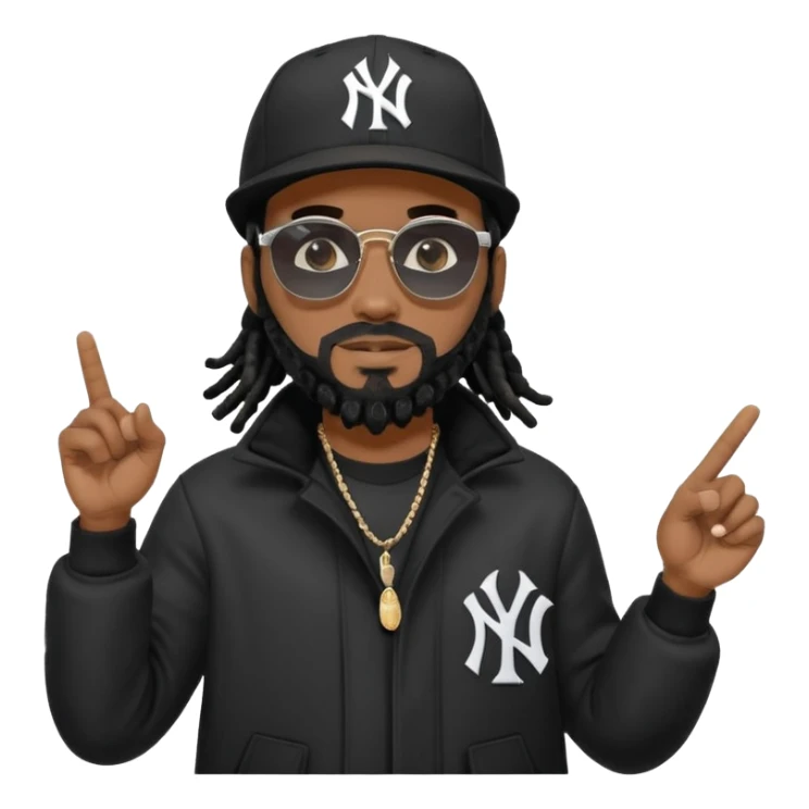 African American man with shoulder length black dreadlocks with black beard wearing black sunglasses wearing a black New York Yankees logo baseball cap wearing a black bubble winter coat pointing to sky sticker