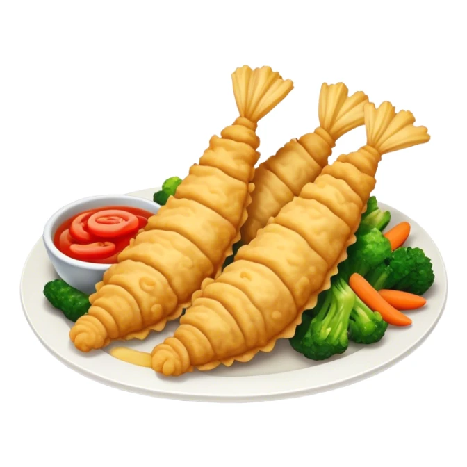 Tempura Cinematic Realistic Tempura Dish Emoji, depicted as extra crispy, lightly battered seafood and vegetables, rendered with vivid textures and dynamic, bright lighting. sticker