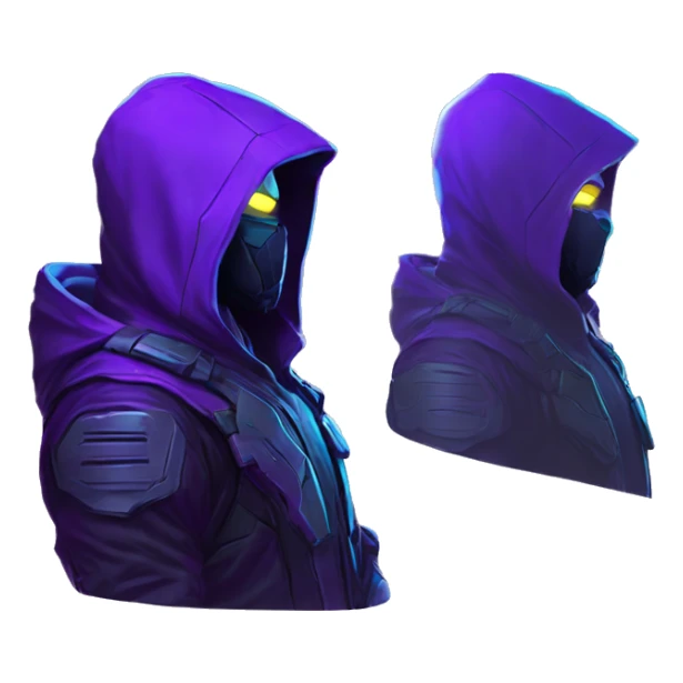 Side view developer behind his laptop with this style : crysis Cyberpunk Valorant neon glowing bright purple character purple violet black hooded assassin themed character sticker