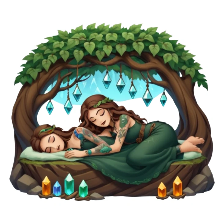 cute forest witch woman long wavy brown hair tattoos napping on crystal sticker