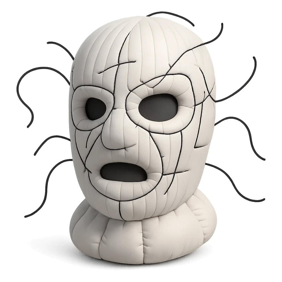 The mask is a full-head, white knitted balaclava with a tight ribbed texture. It features two asymmetrical eye openings and a partially exposed mouth area. Black thread is stitched across the surface in chaotic, abstract lines that trace facial features, giving a hand-drawn effect. Several black cords extend outward from the mask, varying in length and direction, adding a sculptural, almost organic appearance. The overall look is bold, handcrafted, and visually striking. sticker