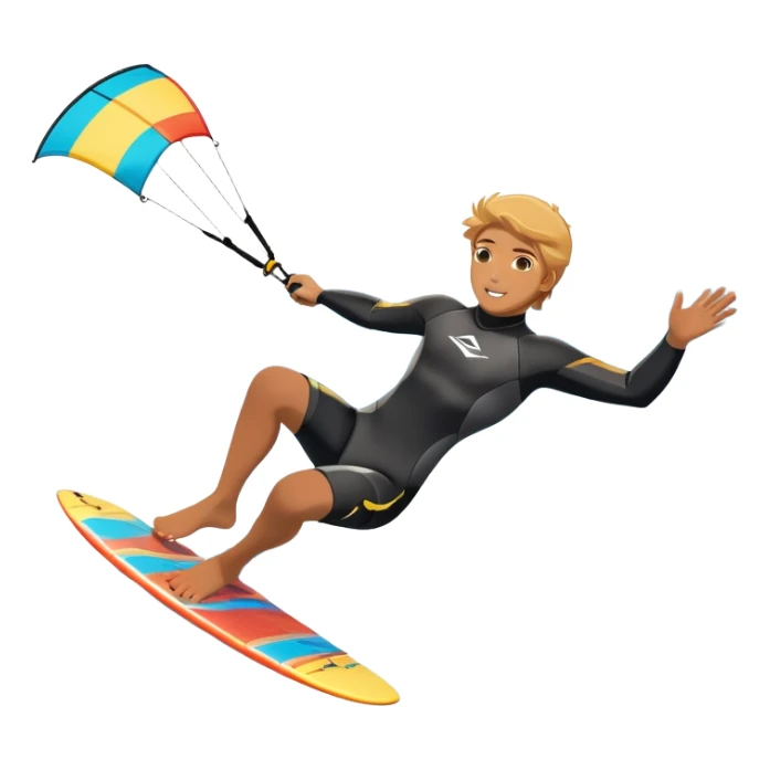 An athlete in a wetsuit riding a kiteboard, soaring over the sea waves with the kite high in the sky. The background features a vibrant blue sky and crashing ocean waves, capturing the thrill and freedom of kitesurfing in dynamic motion. sticker