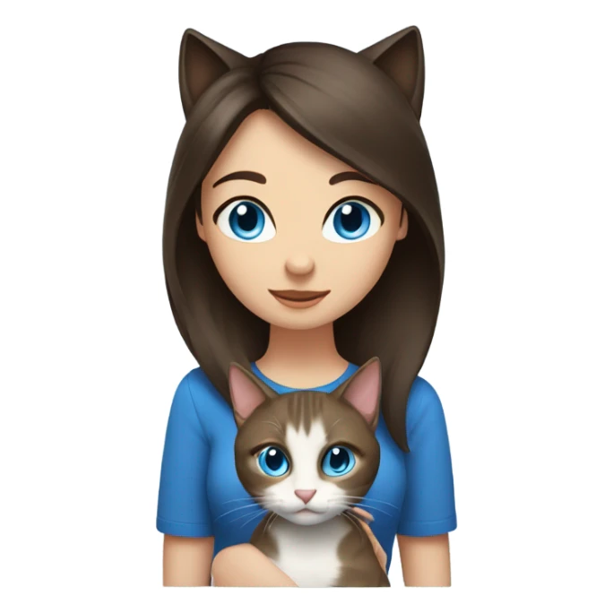 brunette with blue eyes clings to a cat sticker