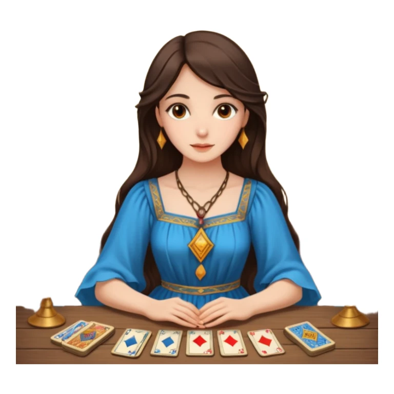 Create a brunette girl with brown eyes sitting at a table with tarot cards. sticker