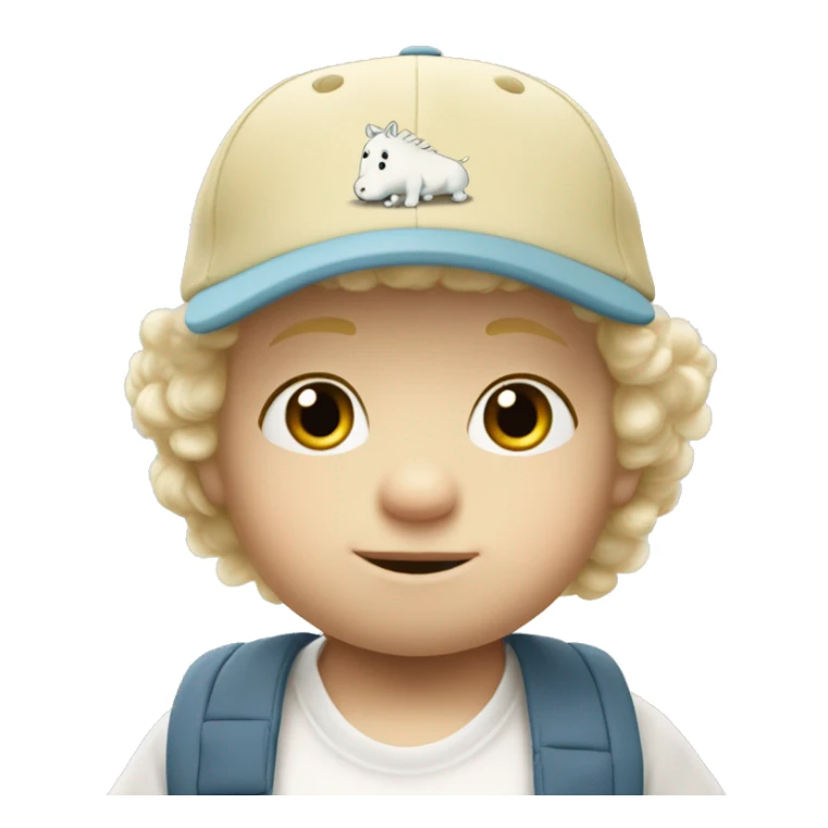 Blond Caucasian baby dude with curly har and moomin themed baseball cap sticker