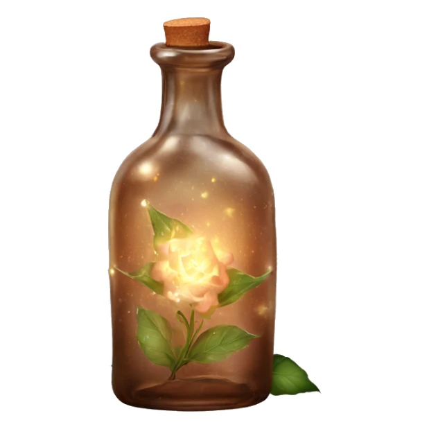 Brown magic fairy light sparkling old Antique bottle with poison and with herbal and flowers sticker