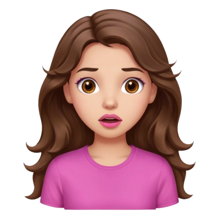 girl with long wavy brown hair, brown eyes, light to medium complexion, in a pink shirt, pink lips, long lashes, surprised, wow sticker