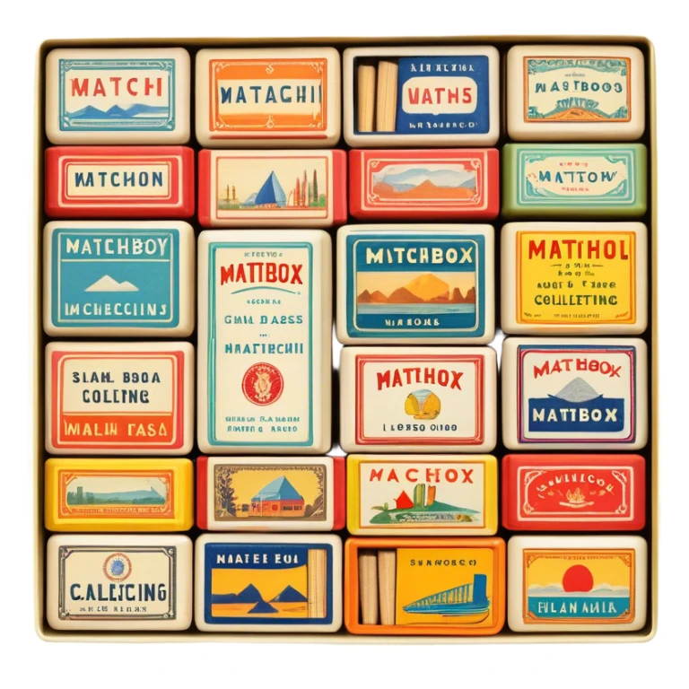 Icon for Matchbox Collecting: a collection of vintage and colorful matchboxes from different places, neatly displayed in a row or in a display case. The icon should reflect the uniqueness and diversity of matchbox collecting. Transparent background. sticker