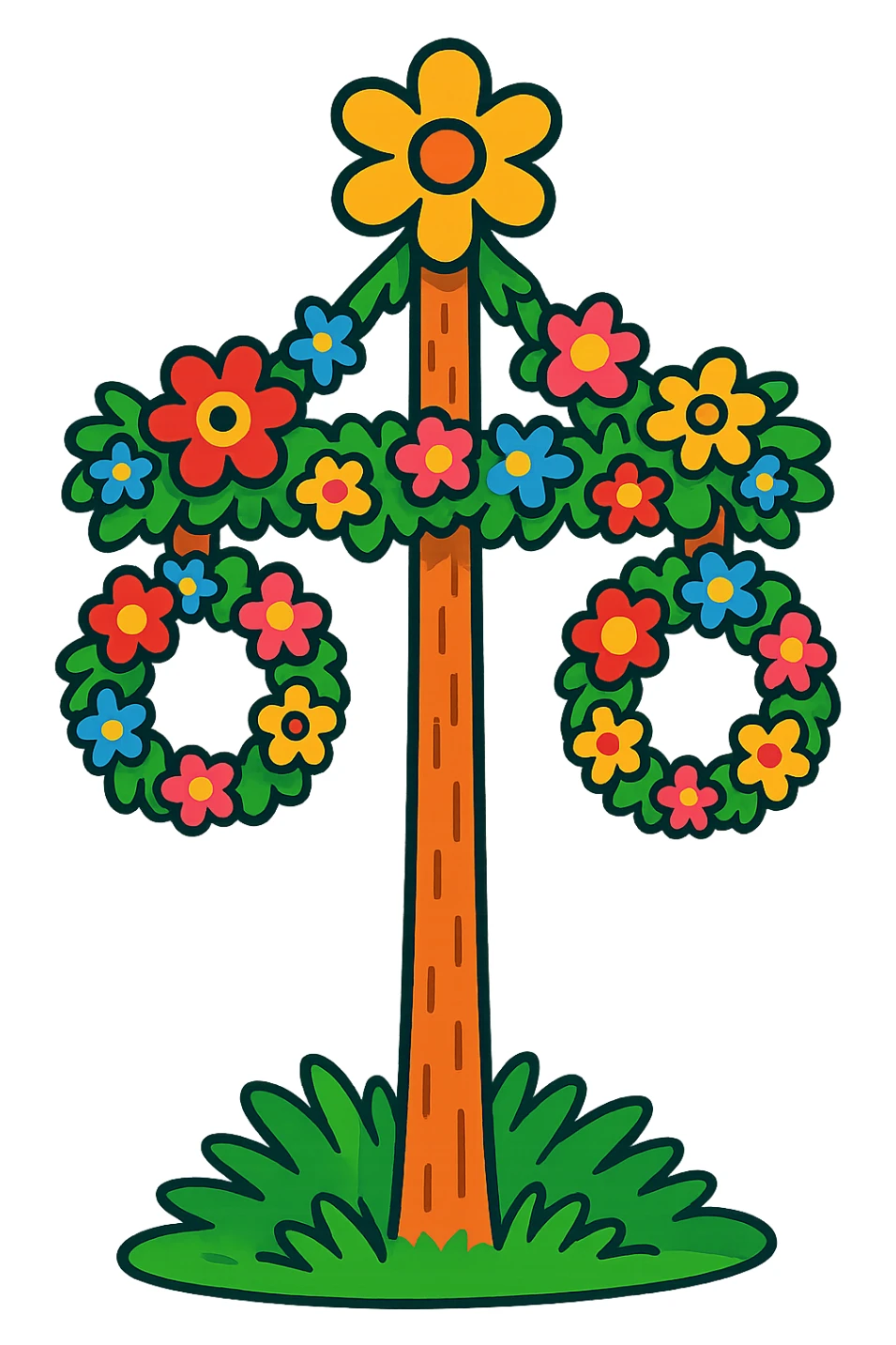 whimsical midsommarstång (maypole) with exaggerated floral decorations, playful proportions, bright cartoonish look sticker
