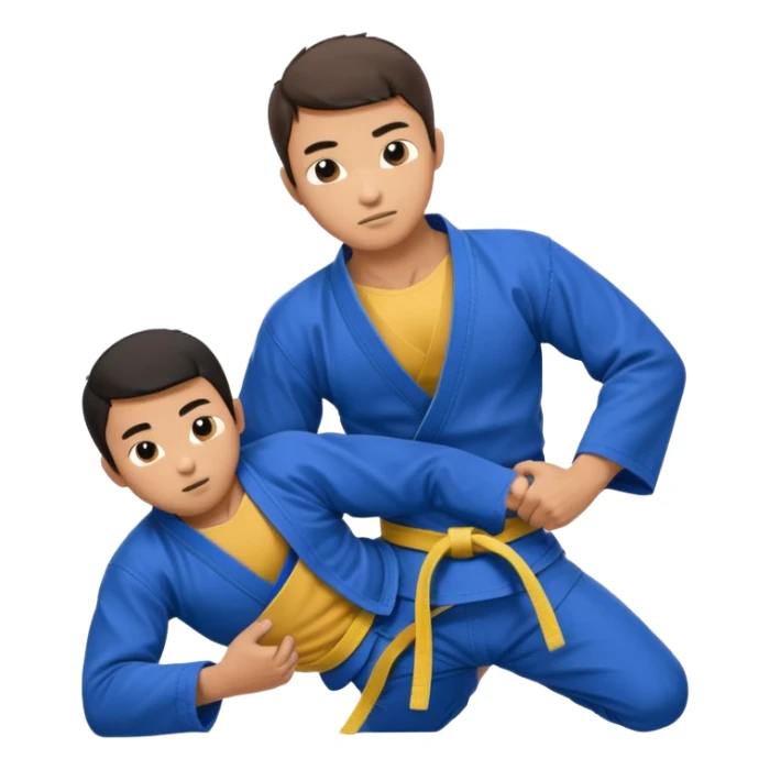 An Asian guy doing jiu jitsu with another guy submitting him with an arm bar. The Asian guys wears a blue belt sticker