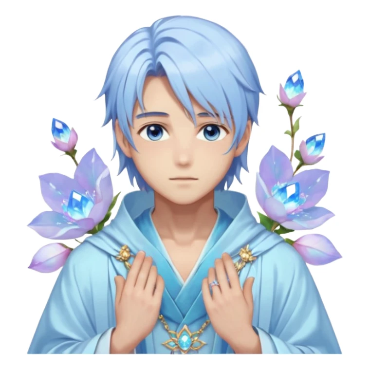 Beautiful gorgeous blushing blue-eyed youthful handsome anime guy with beautiful iridescent-pastel-whitish-special-medium-long-hair, fashion aesthetic, ethereal, fairycore, pastelcore, flower petals, crystals, layered robes, accessories, jewelries, gold, colorful, shiny, trending style, outside sticker