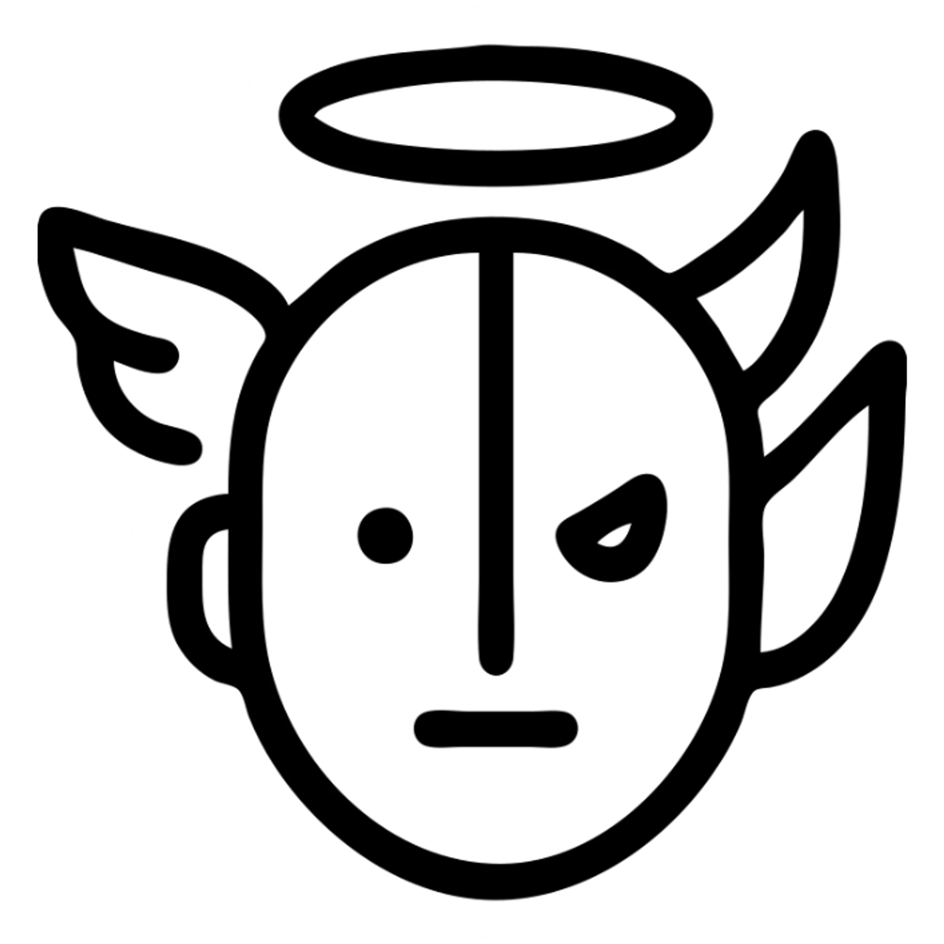 A dramatic, stylized icon of a face split between angel and demon, with clear visual contrast between the two sides, bold lines, minimalistic sticker