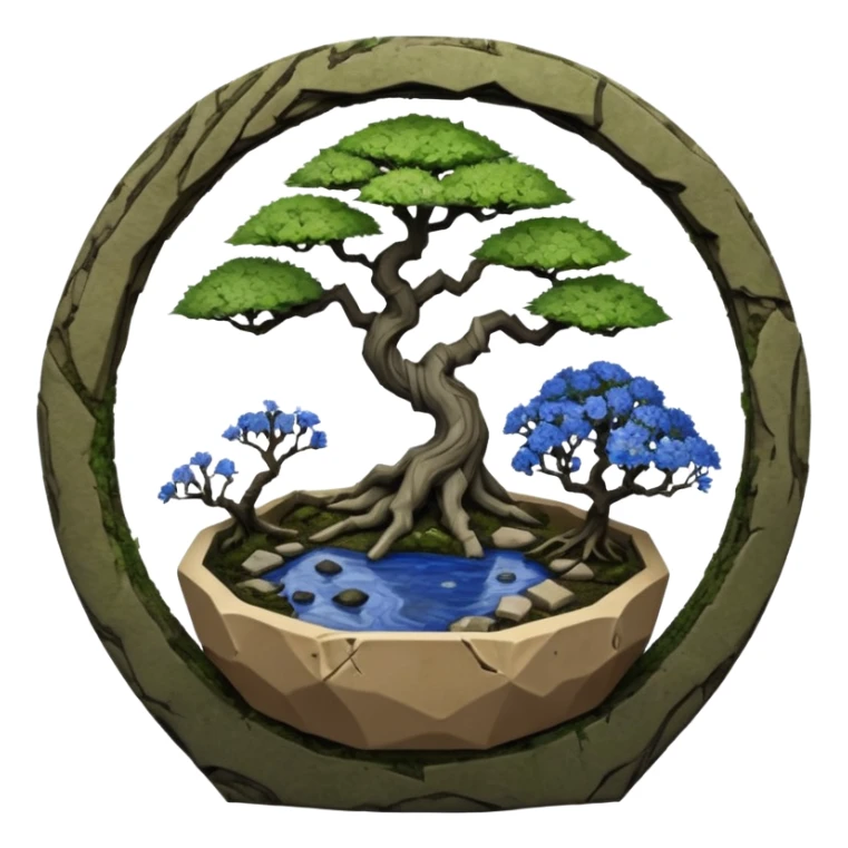 Alien vines landscape mudman very old broken cracked intricate Stone Age rocky-crusted irregular dodecagon-shaped shallow dark moss rough bark blue willow flowered maple tree bonsai pot sticker