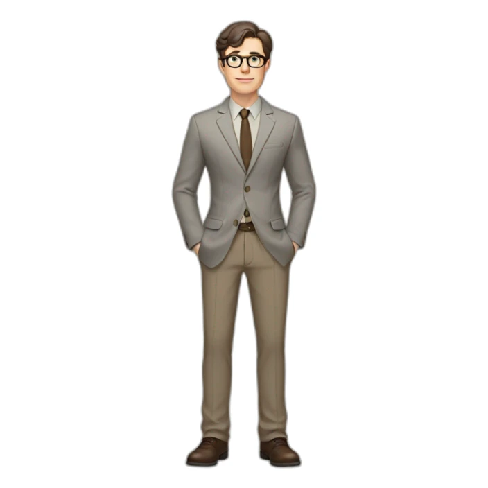 Full height Pale skinned fit man with dark brown hair in gray jacket, beige office shirt, brown tie, brown pants and vintage glasses. His right hand stretched out sticker