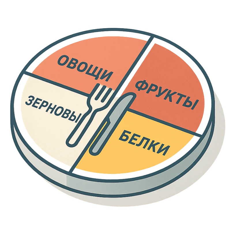 Harvard Healthy Eating Plate divided into 4 sectors labeled in Russian: 'Овощи', 'Фрукты', 'Зерновые', 'Белки', with fork and knife icon in the center, clean lines, modern infographic, transparent background sticker