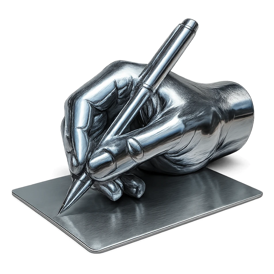 reflective chrome hand with a pen, writing on a sheet of paper, highly metallic sticker