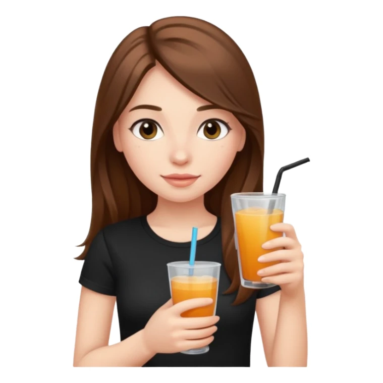 girl with long brown hair, rosey cheeks, long eyelashes dressed with a black thight tshirt and a drink in her hand sticker