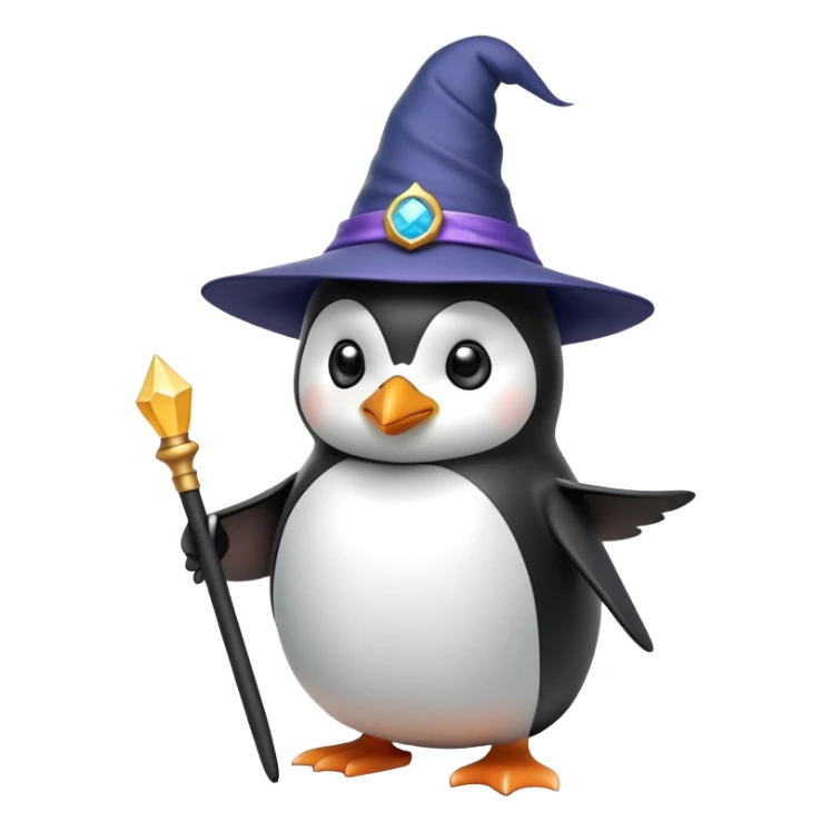 Penguin wearing a wizard hat and holding a magic wand sticker