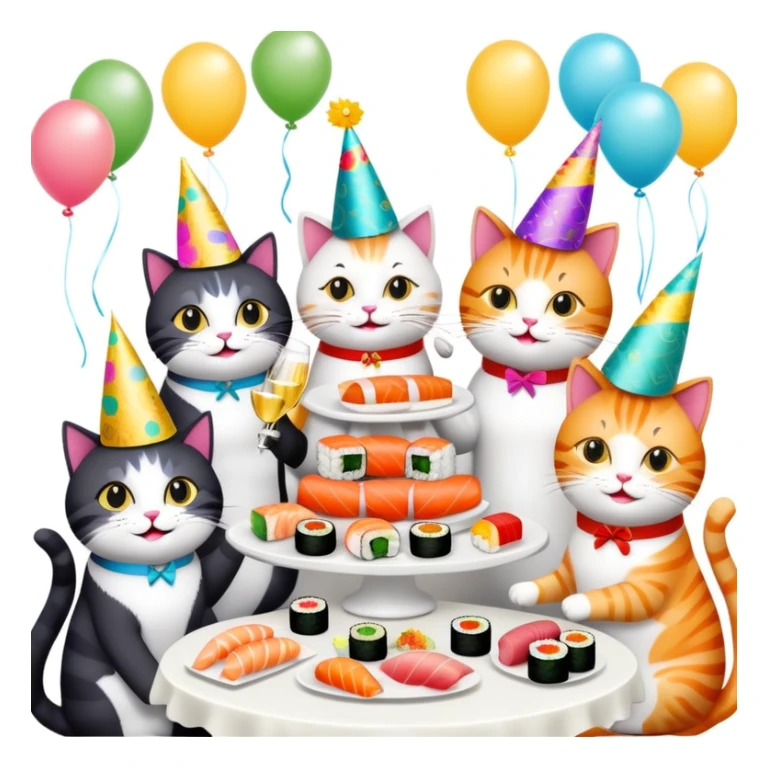 Cats celebrating with sushi at a birthday party sticker