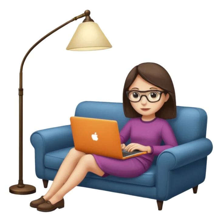 A girl is working with a laptop while lying on a sofa, with a floor lamp to the right. sticker