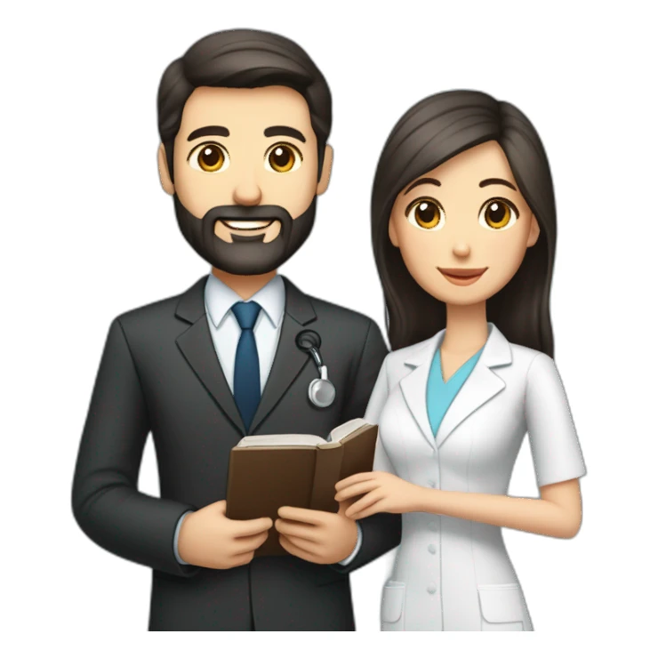 husband classy caucasian executive 55 dark hair trimmed beard wearing business suit holding bible, with wife asian age 55 dark hair nurse uniform, no children sticker