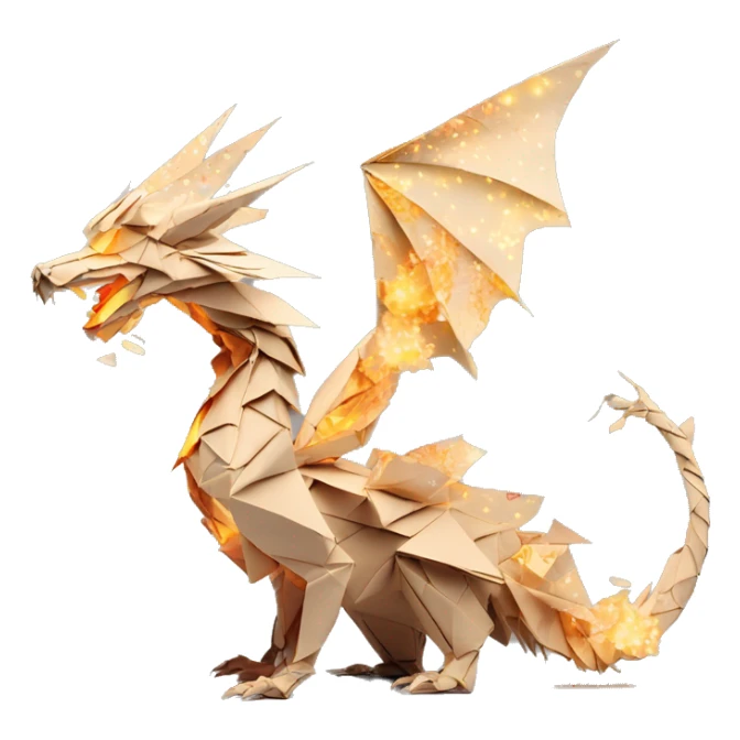 Beige Origami dragon made of newspapers on fire surrounded by fairy lights swirls covered in dried flowers bokeh library bunting floral flowers fire flames sticker