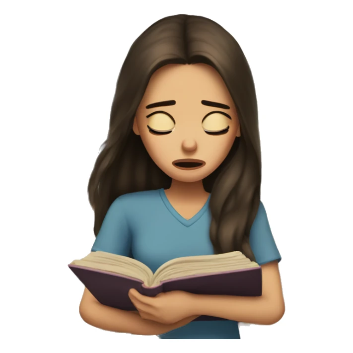 brunette long hair woman crying tears down face while holding and reading book sticker