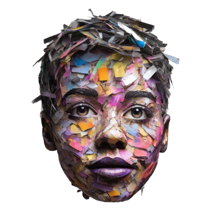 Colourful dark neon graffiti scribble scrapbook patchwork Person face portrait made entirely of multicoloured torn up magazines  sticker