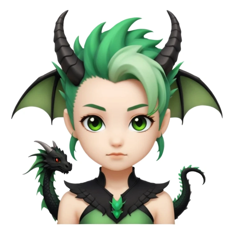Generate a chibi girl with black dragon features such as horns, wings and a tail she has a black and green gradient mohawk sticker