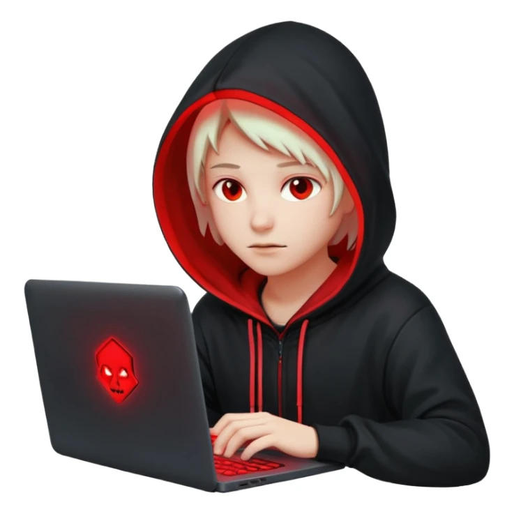 developer behind his laptop with this style : Crytek Crysis Video game neon glowing bright red character red black hooded hacker themed character sticker
