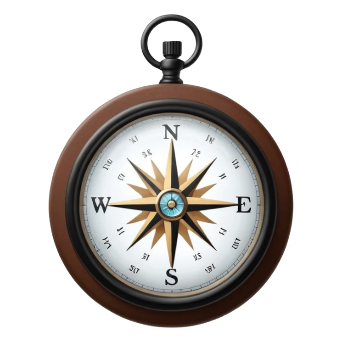 Clear glass orb with black compass needle pointing right, suspended by thin brown leather cord, bright white glowing dial face with dark rim sticker