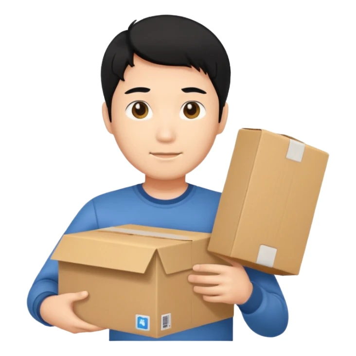 black haired asian man holding cardboard box sticker