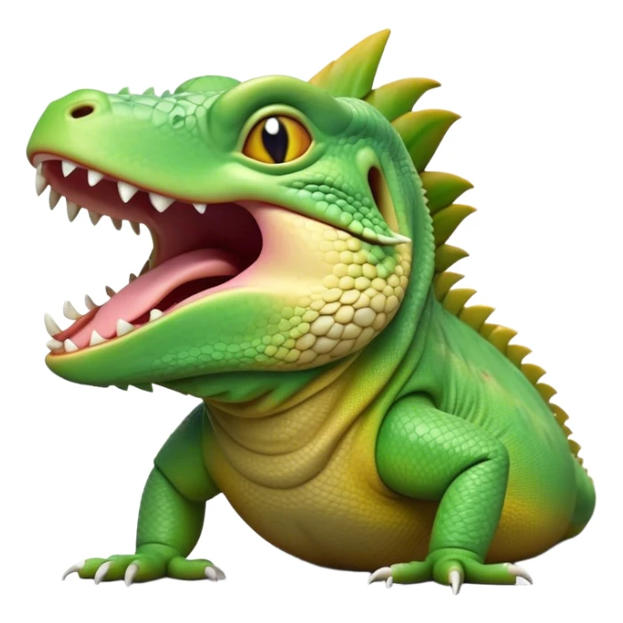 Cinematic Realistic Cute Yawning Iguana Portrait Emoji, Head tilted slightly with a dramatic, wide-open yawn, showcasing a soft, textured green-scaled face with gently drooping features and half-closed, drowsy amber eyes, rendered with natural detail and subtle shadows, high shine, relaxed yet expressive, styled with a dash of tropical charm, soft glowing outline, capturing the essence of a sleepy yet affectionate iguana that appears ready to stretch out and enjoy a peaceful nap! sticker