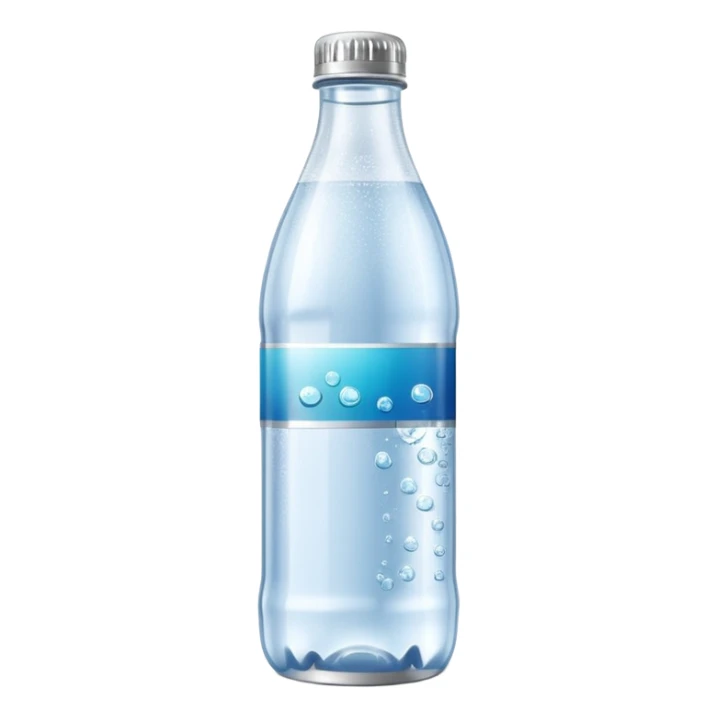 slim plastic bottle partially filled with sparkling water, visible carbonation bubbles, silver cap, minimal blank label, 3D, minimal, soft shadows, no anthropomorphic features, no extra elements, emoji scale sticker
