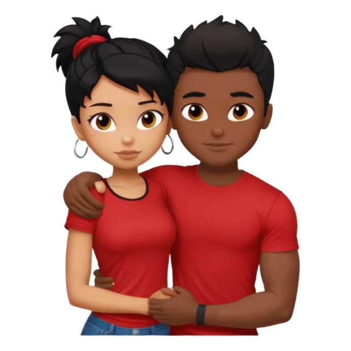 generate a pretty tan bratz boy hugging a fair black haired gf. The guy has black messy hair, lean but muscled and wearing a red tshirt sticker