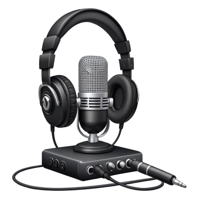 Create a sleek and professional emoji that represents voice acting and dubbing equipment. The design should feature a high-quality microphone, a sound mixer or audio interface, and headphones to symbolize the recording and technical process. Include elements like a soundproof booth or audio cables to reflect the studio environment. Use a modern, clean design with colors like silver, black, and dark blue to represent the professional side of voice acting. The background should be transparent. sticker