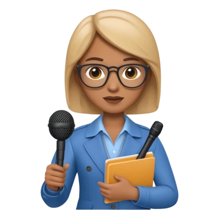 Apple Memoji-style 3D emoji of a journalist holding a microphone and notepad, smooth gradients, rounded shapes, no background. sticker