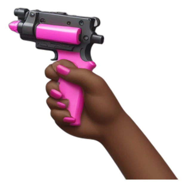 brown hand with pink nails holding large scary dark water gun sticker