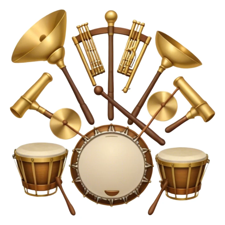 Create a heraldic, festive, and professional emblem-like emoji representing percussion instruments. The design should resemble a traditional crest, featuring a range of percussion instruments like cymbals, triangle, tambourine, maracas, timpani, and other traditional and folk percussion instruments. Arrange them symmetrically, with elements like cymbals crossing each other, a triangle at the center, and timpani or drums flanking the sides. The instruments should be depicted with metallic and wooden tones—shiny brass for cymbals, silver for the triangle, and rich wood or polished bronze for drums. Include ornate details like engraved patterns on the instruments, decorative swirls or laurels, and subtle accents to add elegance and festivity to the composition. The overall design should be cohesive, balanced, and visually striking, suitable for use as a prestigious emblem. The background should be transparent. sticker