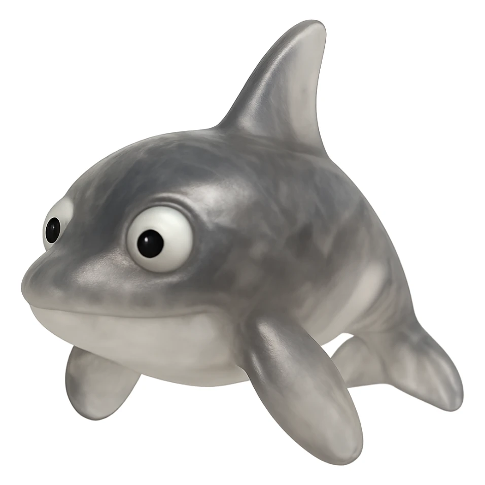 Make the orca even more transparent and slightly see-through, keeping the natural black and white colors, in a retro 90's toy style with derpy eyes, soft plastic texture, soft reflections, soft and squishy appearance, some cloudiness, not shiny, highly detailed and appealing. Remove any tags and background. sticker