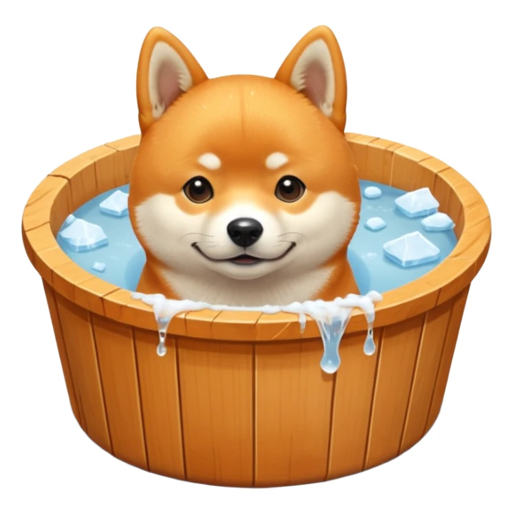 ice bath with a dog in id from wood round. write ice bath  on the ice bath and make it high quality. the dog is a shiba inu. the ice bath has a lot of ice and on the floor sticker