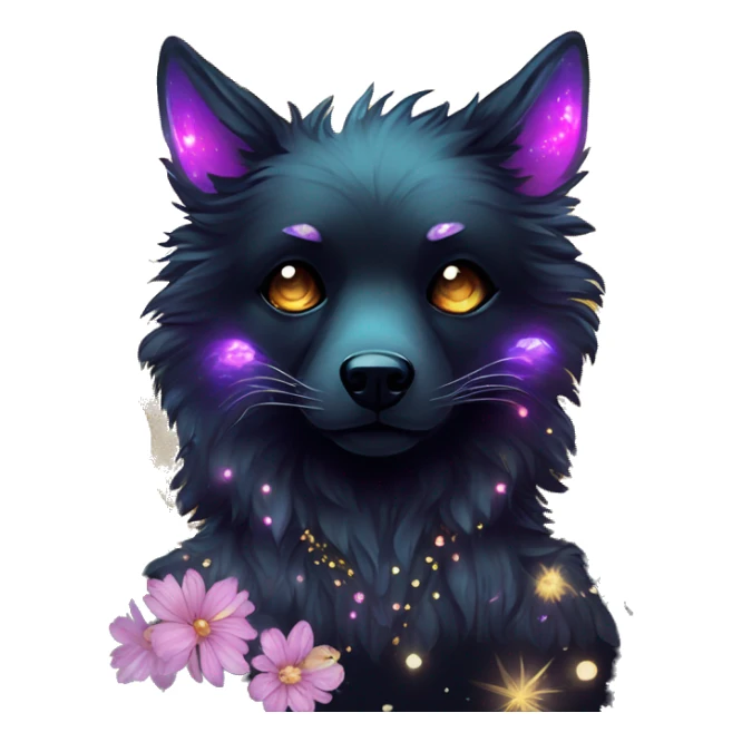 Black iridescent fluffy dog fox head zombie skeleton gold mechanical nebula galaxy stars colorful flowers fairy lights vintage sticker
