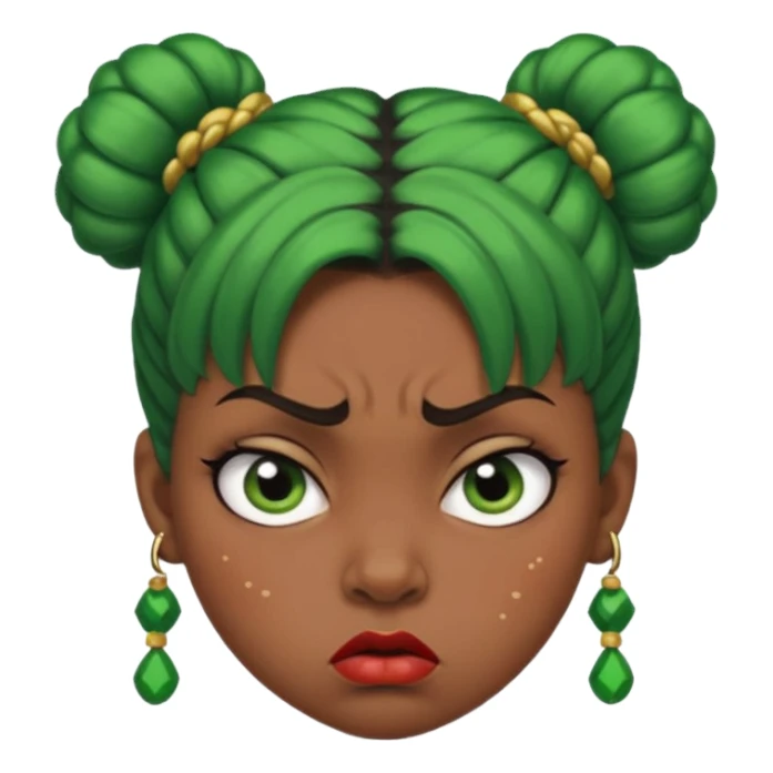 Create a 3D cartoon-style girl character with dark skin, round face, angry expression, big wide eyes, and tightly styled double buns made of green beaded hair. The girl should look irritated, eyebrows sharply angled, and lips pressed in a frown. sticker