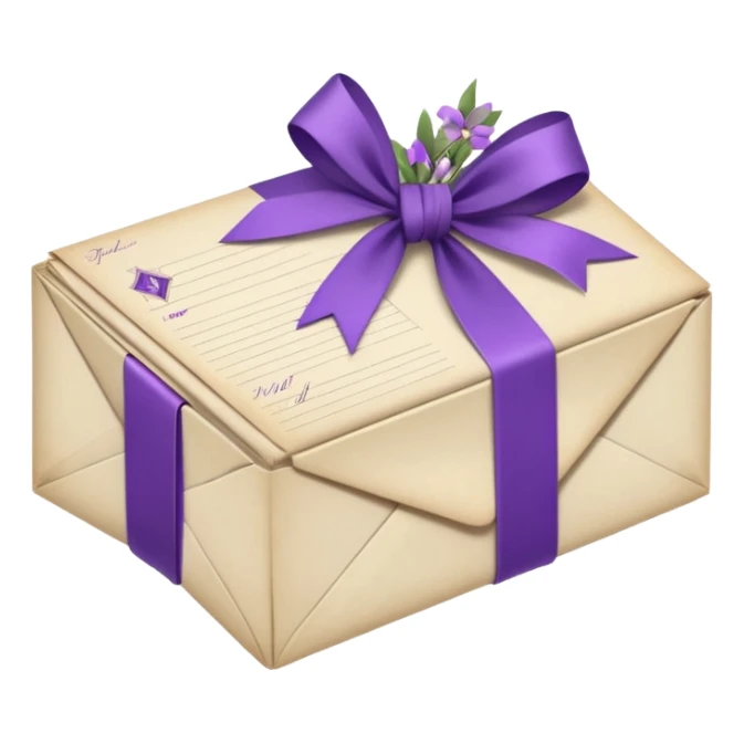 A beautifully arranged Stack of aged letters, tied with a purple ribbon, envelopes, corespondence, aesthetic, purple flower petals around, mails sticker