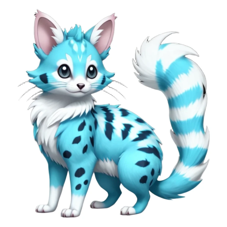 Hyper realistic  neon-cyan fur streaked with lightning-white scars and glassy shine beautiful elegant pretty precious cute  Fakémon-Pokémon-opossum-feline-serval-caracal-chinchilla-Furret-Minccino-hybrid-creature with a big fluffy bushy tail (full body) sticker