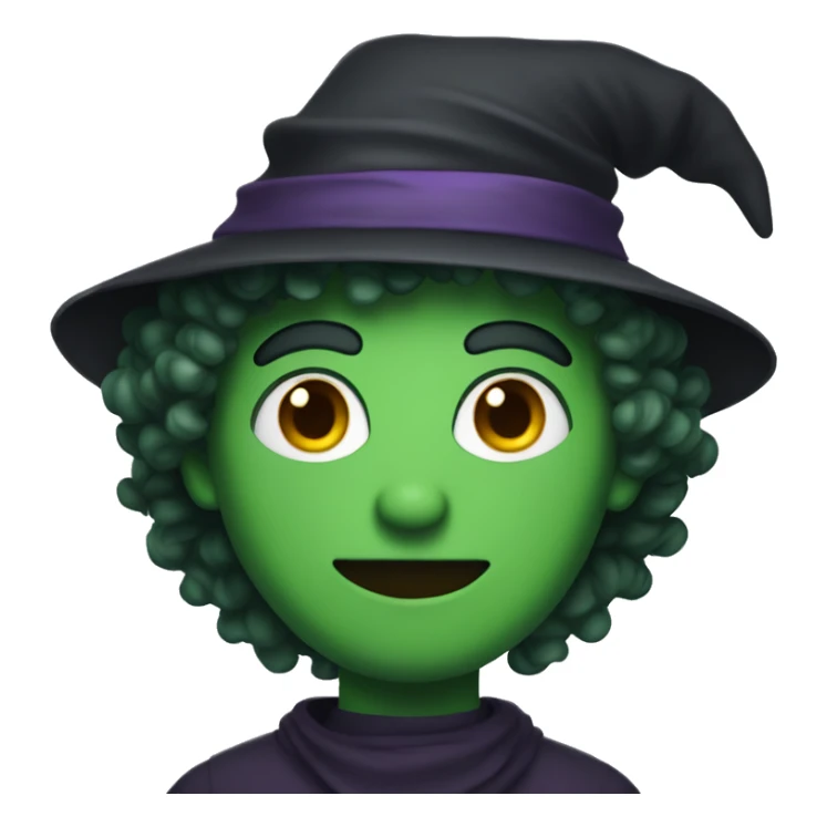 Man with green skin and curly hair wearing a witch hat sticker