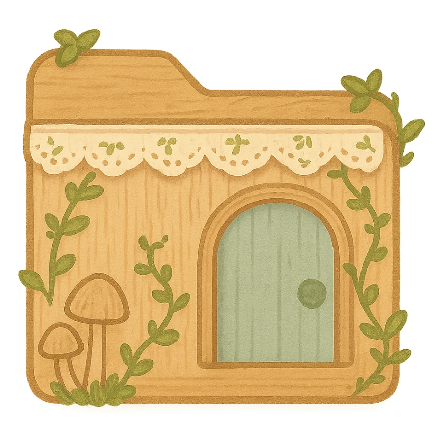 Cottagecore File Explorer icon: folder with a blue arch, made of wood and fabric, adorned with mushrooms, ivy, and lace, matching the cozy, natural style of previous icons, no words, transparent background. sticker